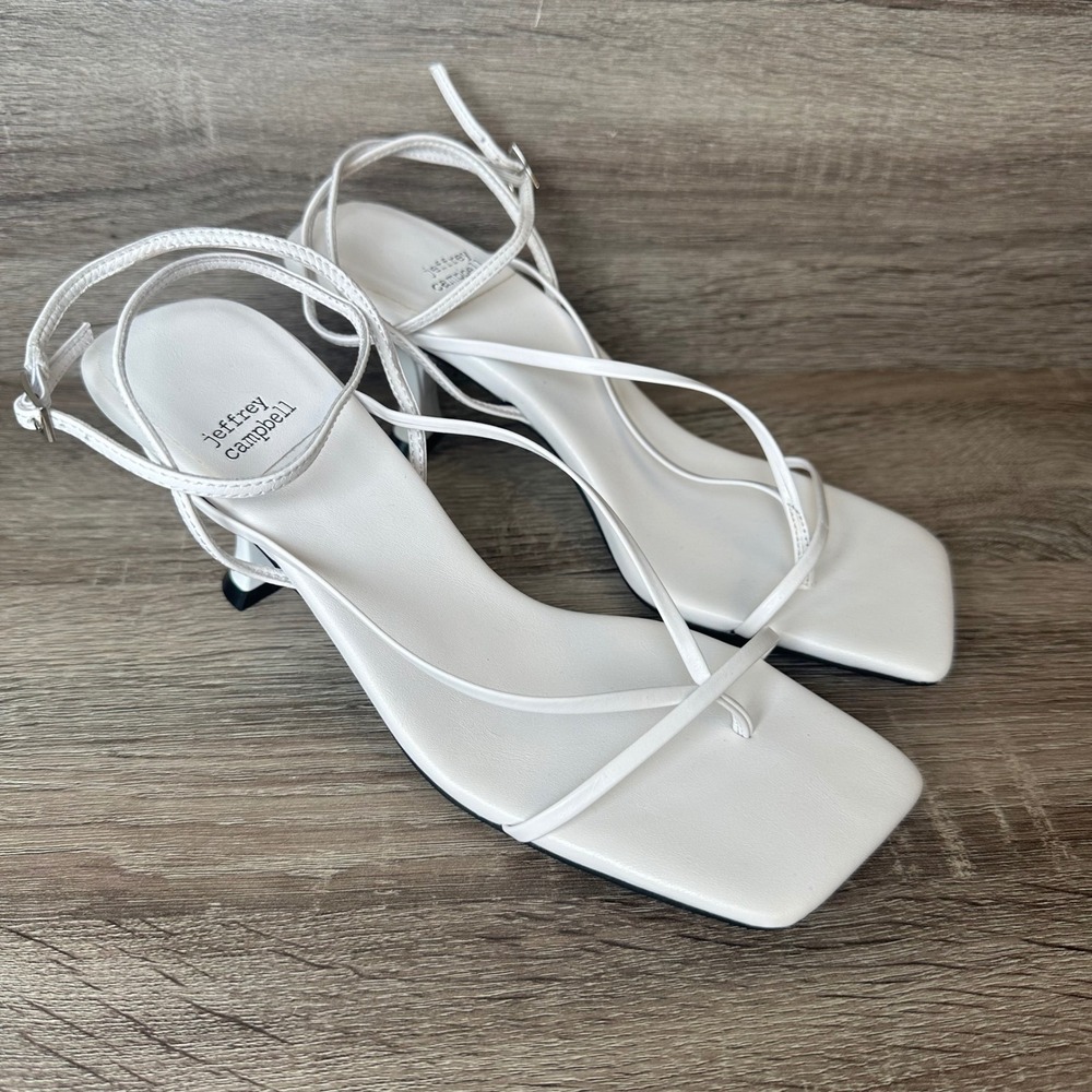 Jeffrey Campbell White Strappy Square Toe Flared Kitten Heel Sandals Womens 7.5